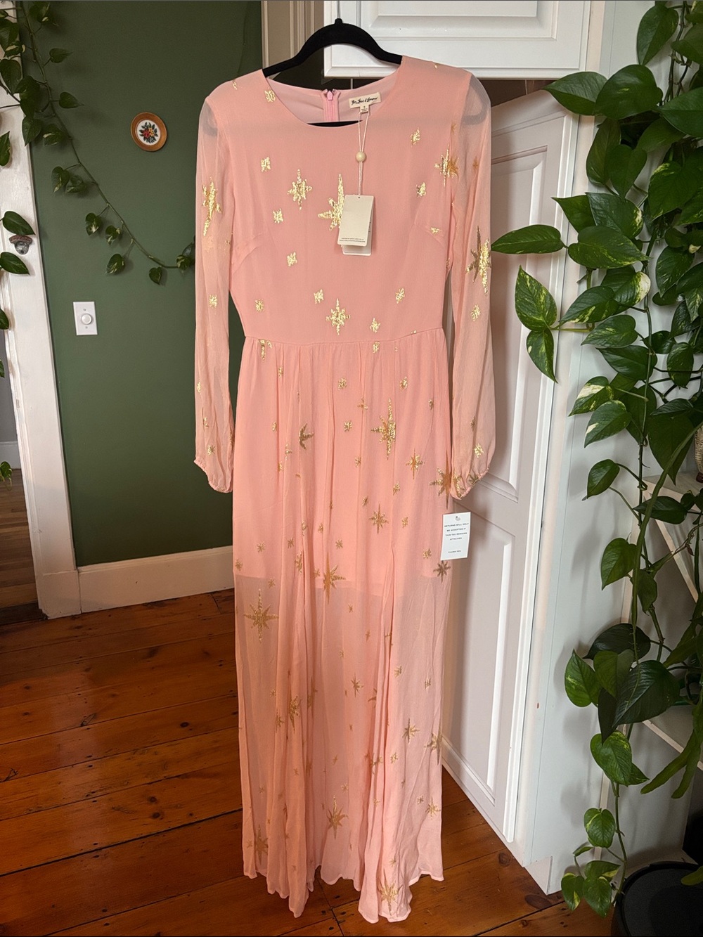 For Love & Lemons Blush Pink Long-Sleeve Maxi Dress with Gold Stars